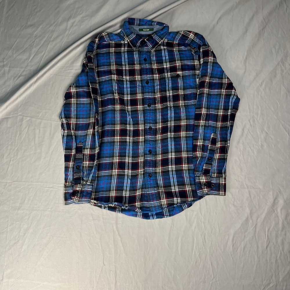 Woolrich Trout Run Mens Blue Plaid Flannel Shirt Long Sleeve Cotton Medium